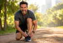Hombre de 40 años atándose los zapatos para salir a caminar, demostrando un envejecimiento activo y salud articular.