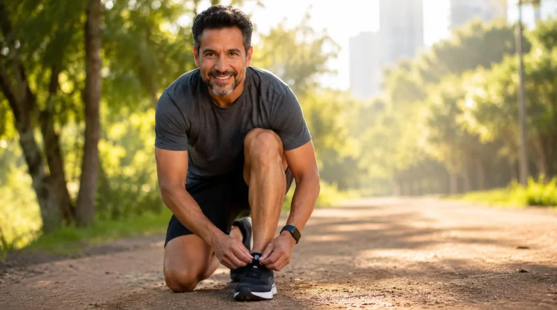 Hombre de 40 años atándose los zapatos para salir a caminar, demostrando un envejecimiento activo y salud articular.