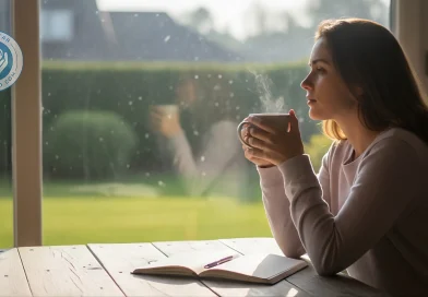 Persona tomando un café mientras reflexiona sobre su propósito de vida o ikigai para mejorar su salud mental.