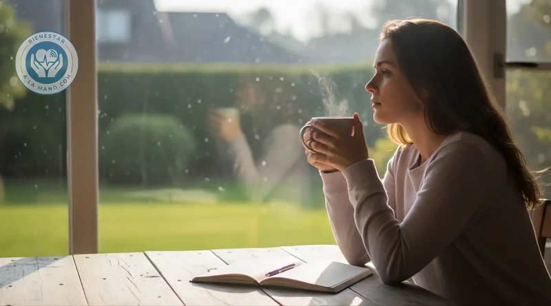 Persona tomando un café mientras reflexiona sobre su propósito de vida o ikigai para mejorar su salud mental.